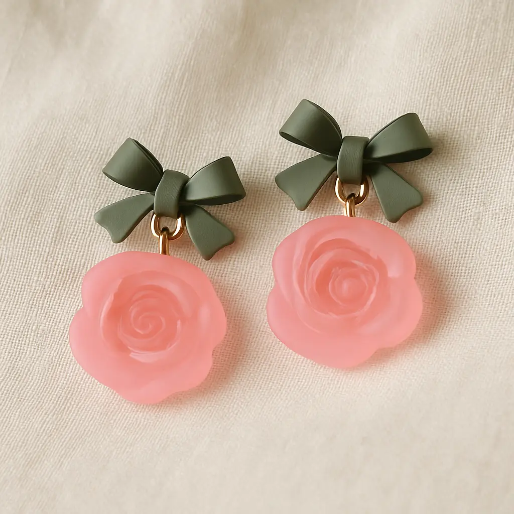 Olive Bow and Pink Rose Earrings - Copy.webp