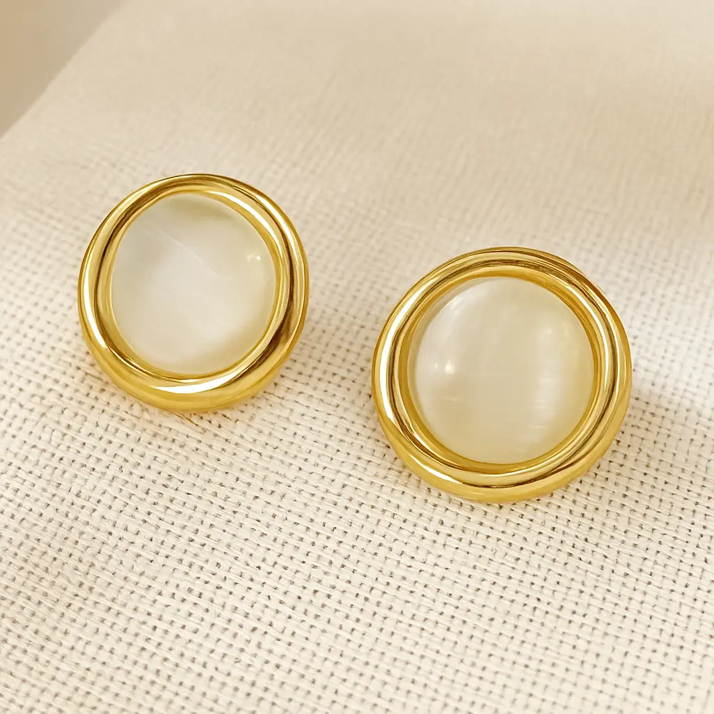 [KE20] Chunky Gold Plated Bezel Stud Earrings with White Cat Eye Stone