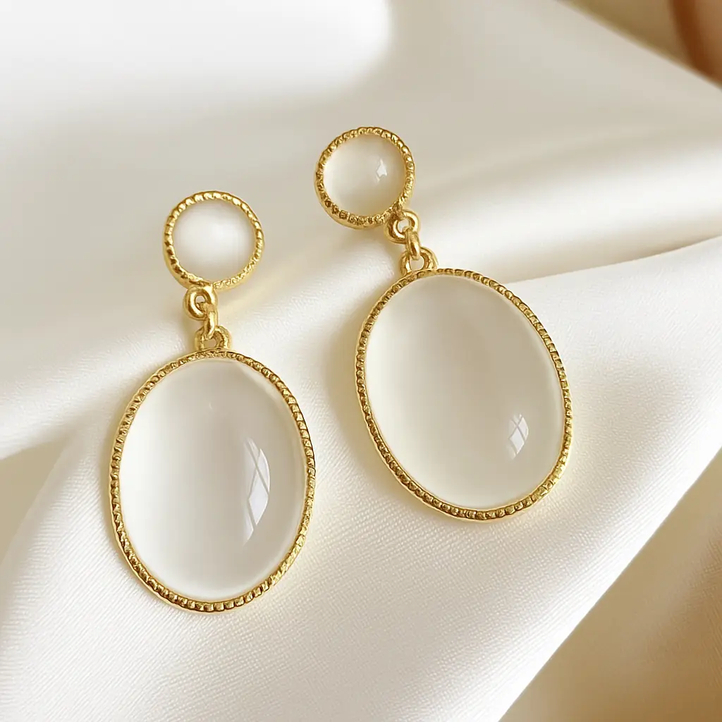[KE21] Elegant Oval Dangle Earrings with White Cat Eye Stone in Gold Bezel
