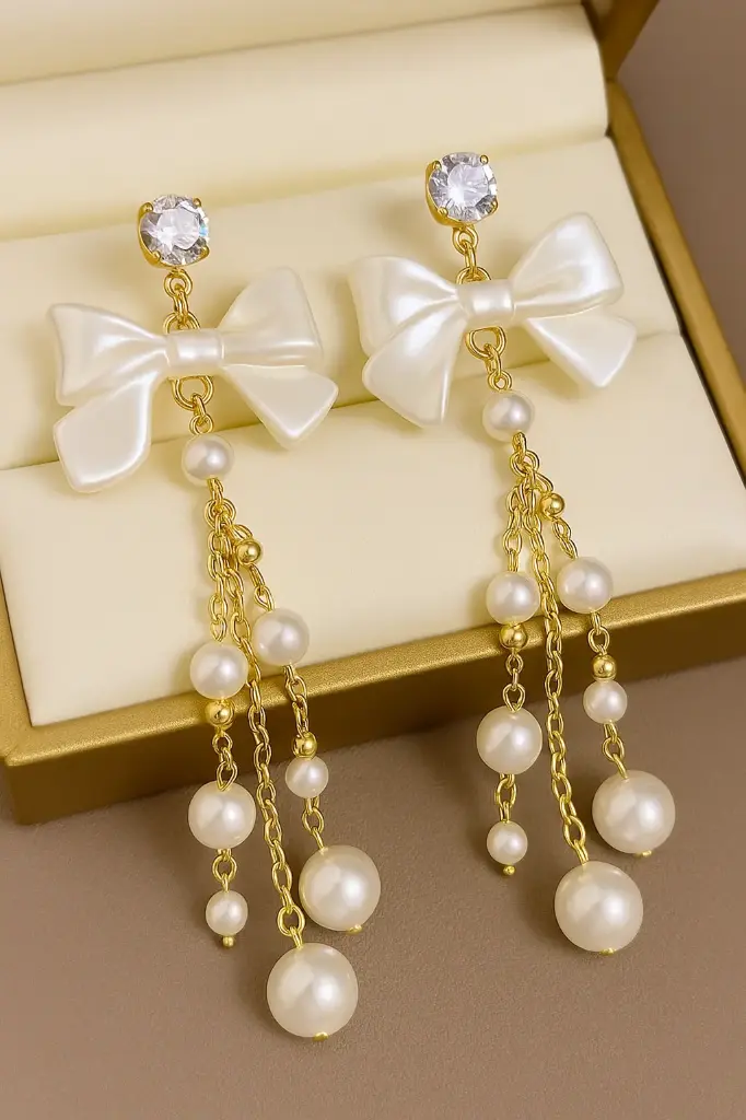 [KE22] Luxury Bridal Satin Bow Dangle Earrings with Pearl Tassel Chains