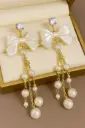 Luxury Bridal Satin Bow Dangle Earrings with Pearl Tassel Chains