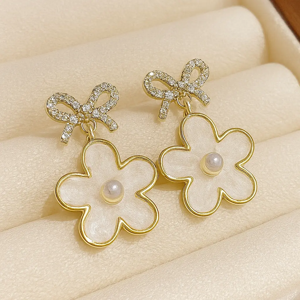 [KE23] Romantic Gold-Plated Blossom Dangle Earrings with Crystal Ribbon Accent
