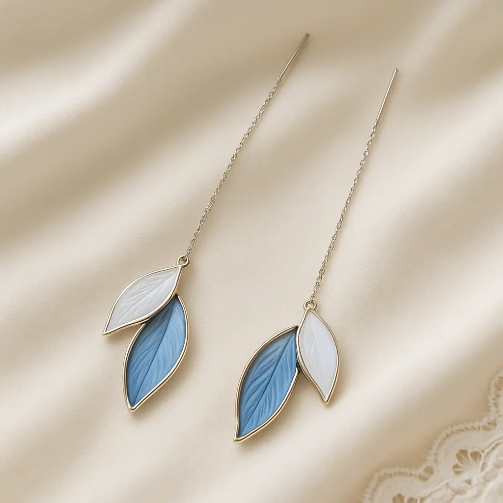 [KE24] Elegant Blue & White Enamel Leaf Threader Earrings - Long Dangle Chain