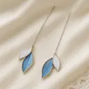 Elegant Blue & White Enamel Leaf Threader Earrings - Long Dangle Chain
