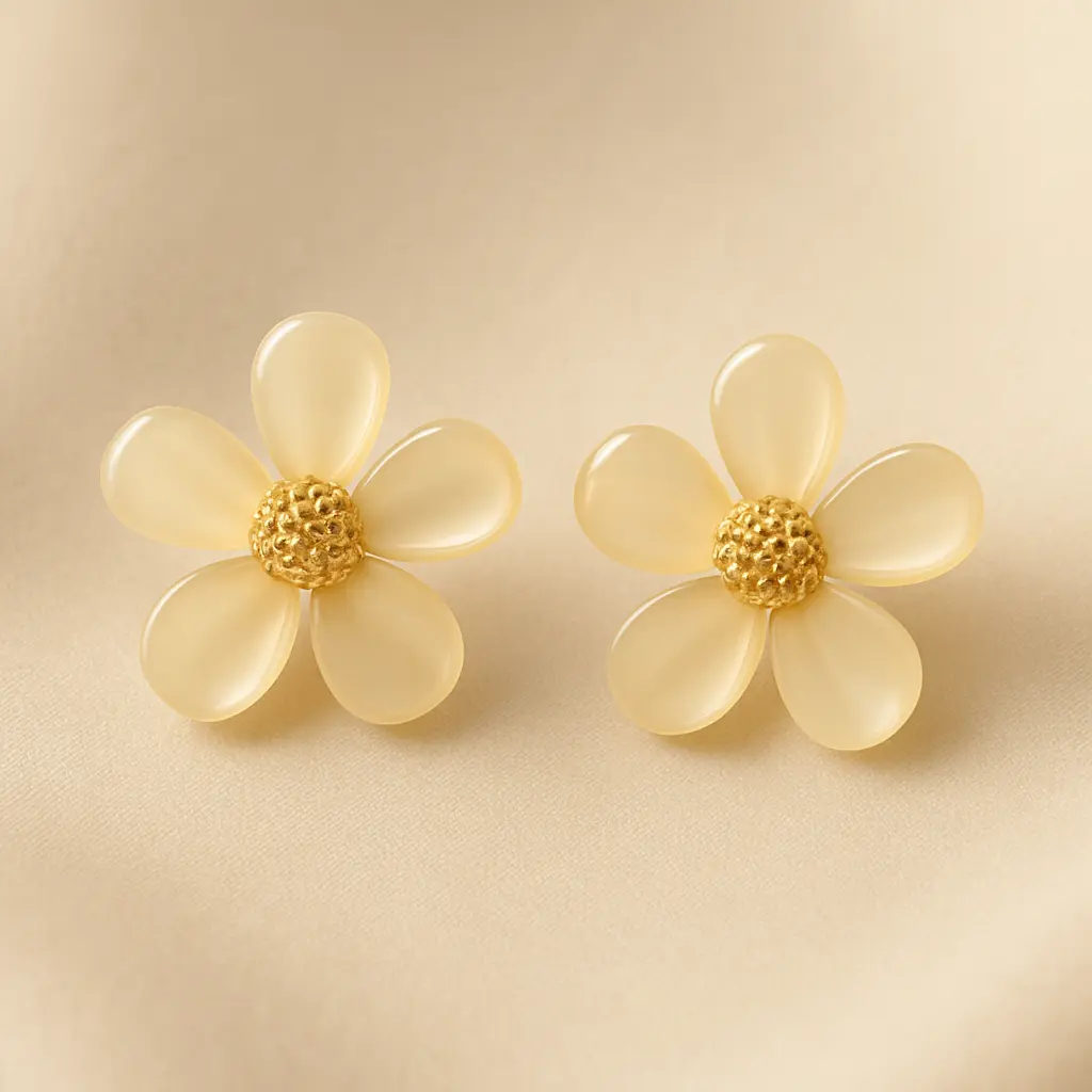 [KE25] Chic Matte Faux-Opal Flower Stud Earrings with Gold Nugget Center