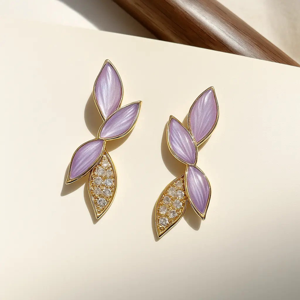 [KE26] Shimmering Lilac Enamel Leaf & Pave Zirconia Dangle Earrings