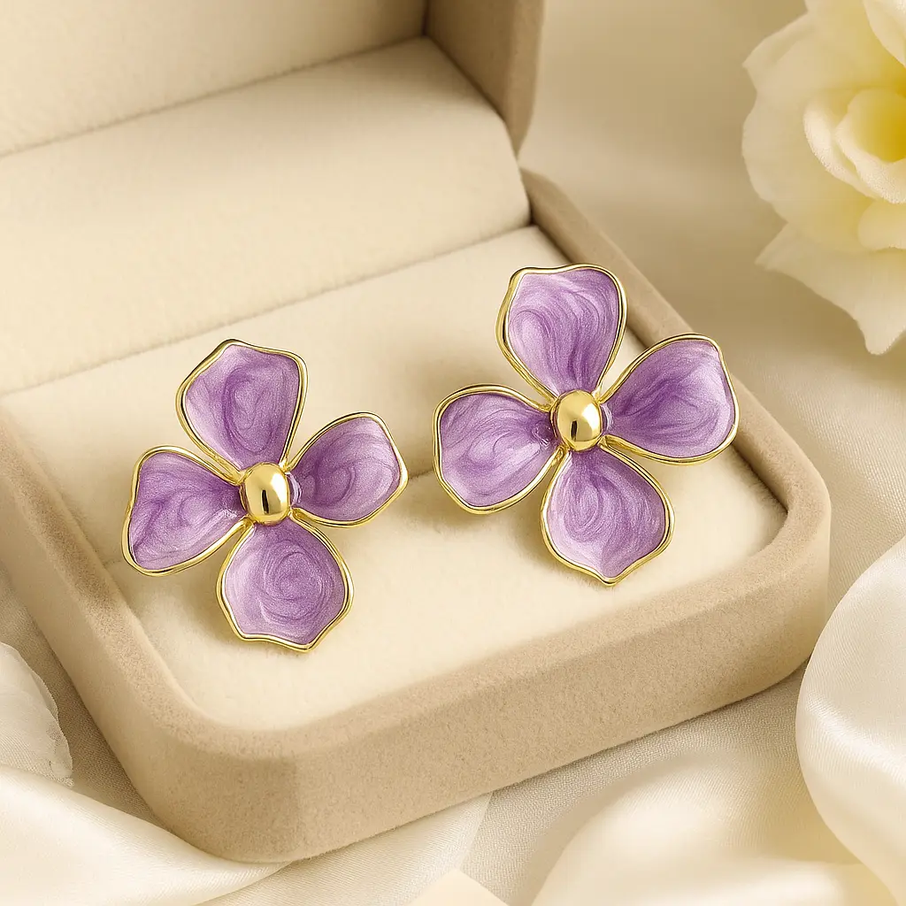 [KE28] Vibrant Lilac Enamel Flower Stud Earrings