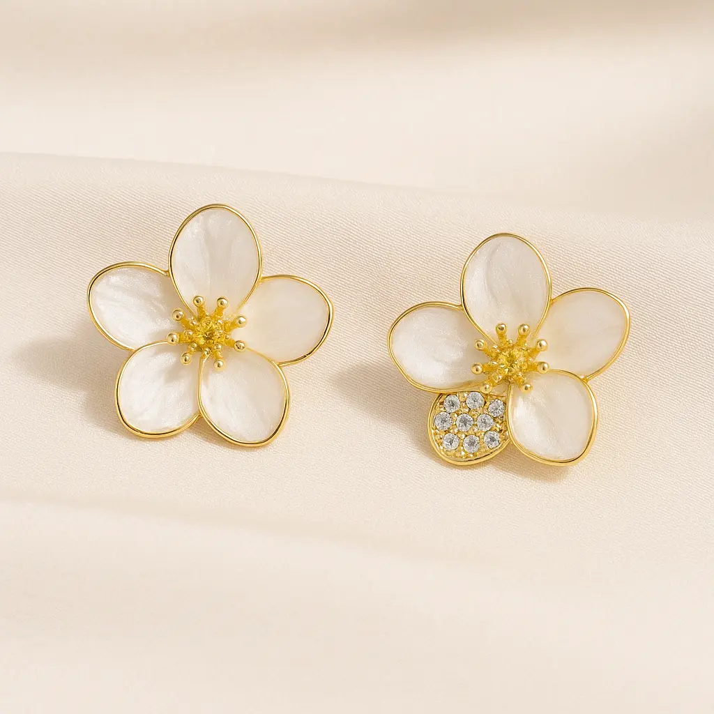 [KE30] Delicate Pave CZ Bow & White Enamel Flower Drop Earrings