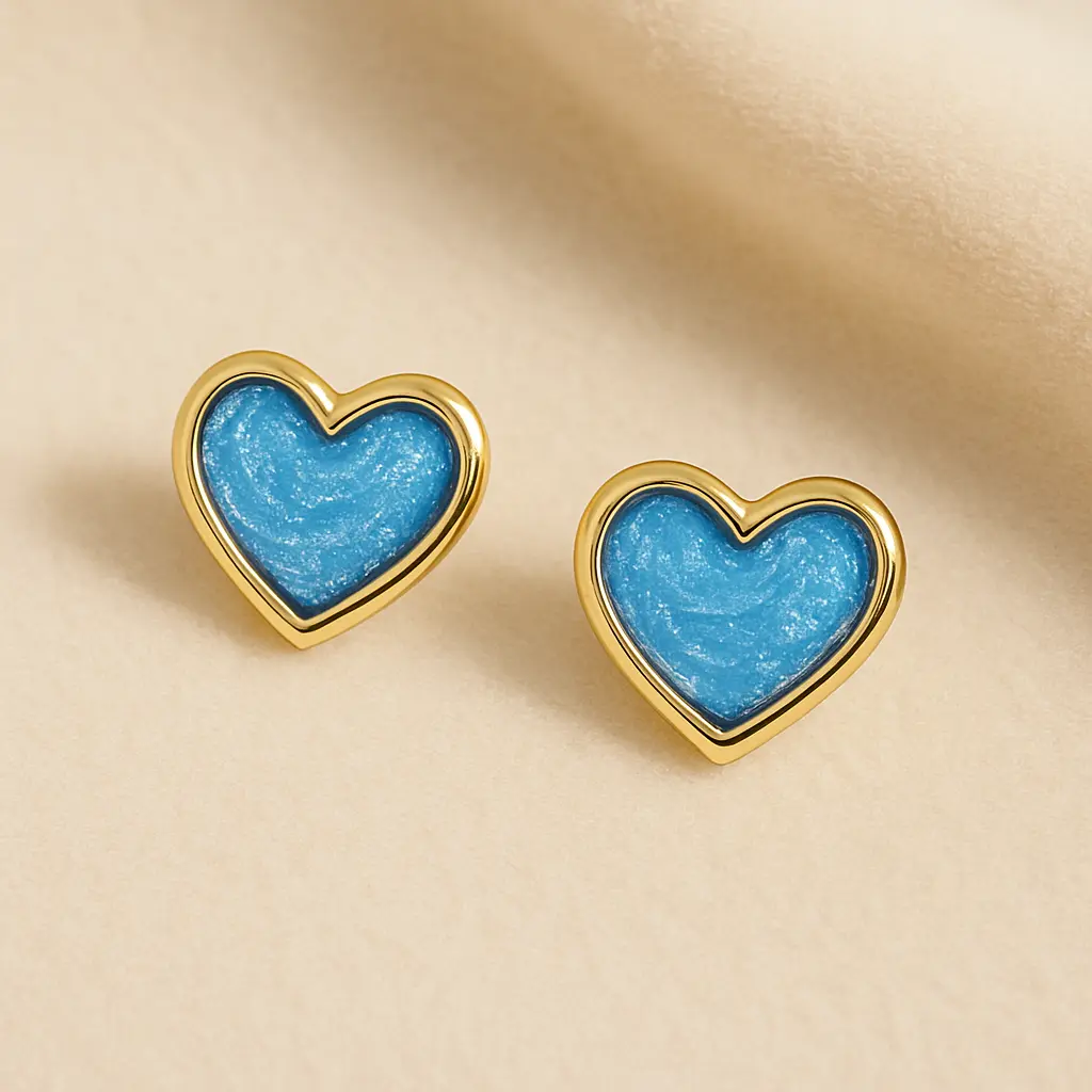 [KE32] Azure Glow Heart-Shaped Gold Stud Earrings