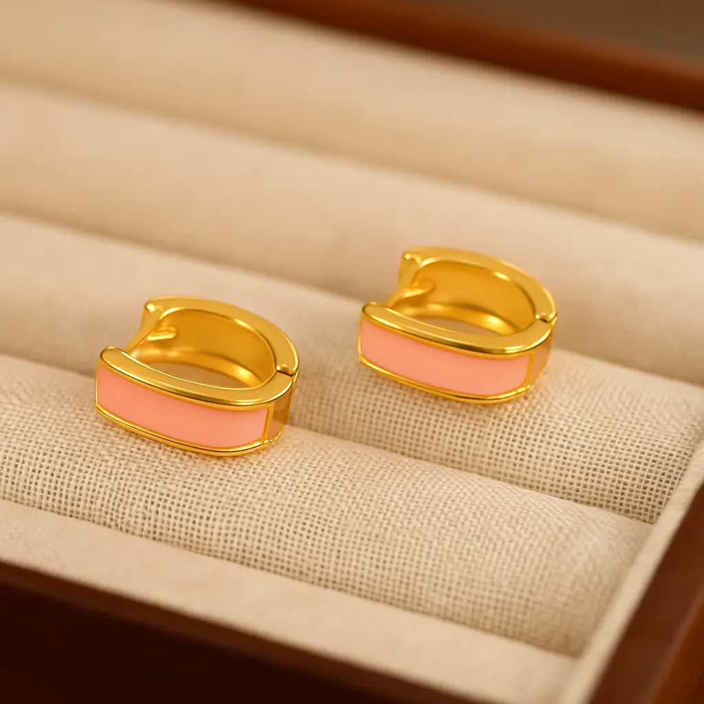 [KE33] Blush Aura Gold-Plated Pink Enamel Huggie Hoops