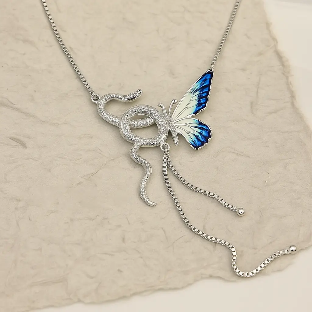 [KE39] Pave Zirconia Snake & Enamel Butterfly Y-Tassel Necklace