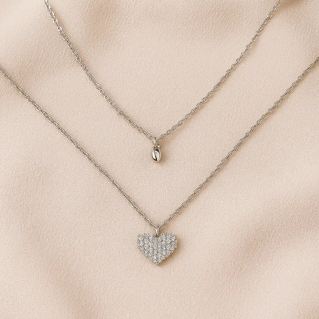 [KE40] Two-Layered Love Charm Necklace with CZ Micro Pave Heart Drop