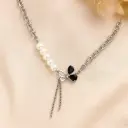 Black Stone Butterfly & Pearl Chain Choker Necklace
