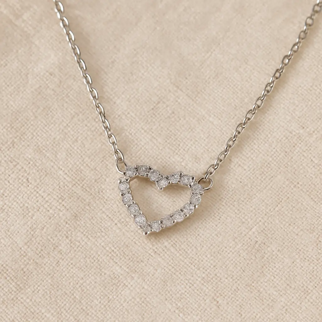 [KE42] Dainty Pave Zirconia Open Heart Pendant Necklace (Silver Tone)