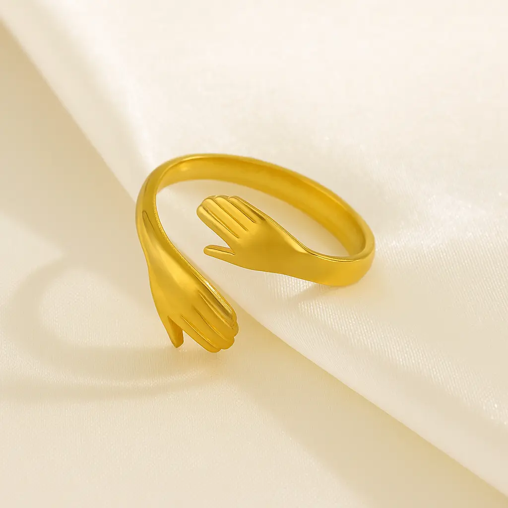 [KE44] Minimalist Gold Hugging Hands Ring - Adjustable Open Band