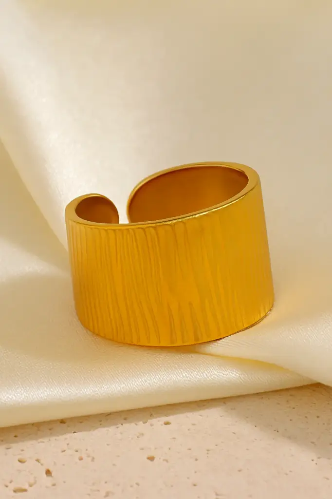 [KE45] Bold Gold Textured Wide Cuff Ring - Adjustable Cigar Band