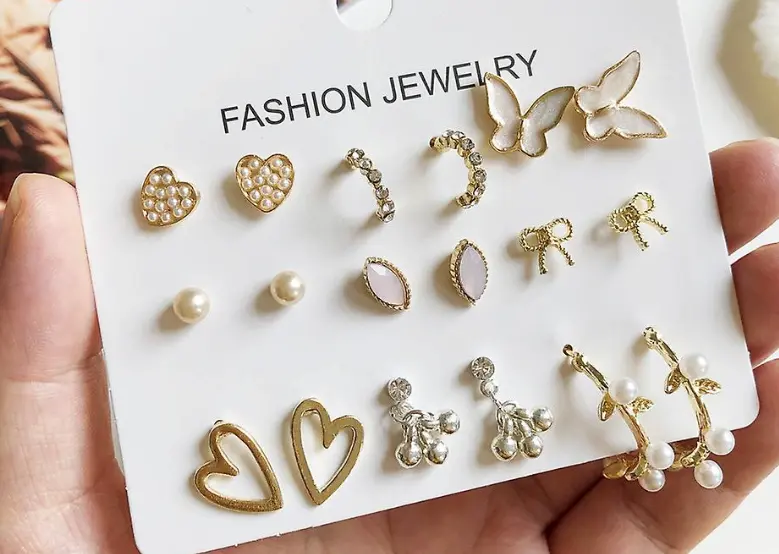 9-Piece Trendy Earring Stud Set - Butterfly, Pearl, Heart & Bow Multipack