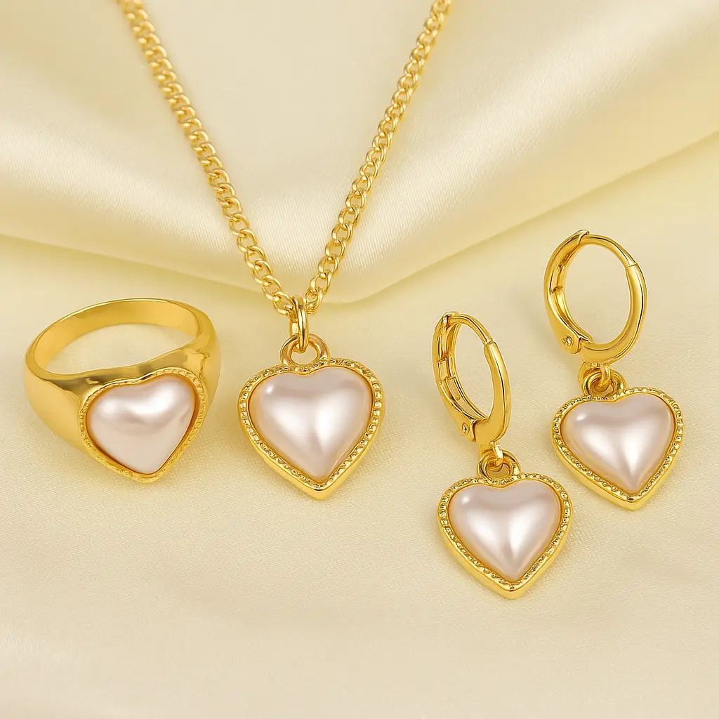 [KE47] 3-Piece Gold Heart Jewelry Set - Necklace, Hoop Earrings & Ring with Pink Faux Pearl Inlay