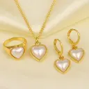3-Piece Gold Heart Jewelry Set - Necklace, Hoop Earrings & Ring with Pink Faux Pearl Inlay