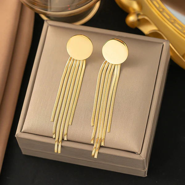 [AT2] Elegant Gold Disc Stud Earrings with Long Snake Chain Tassels
