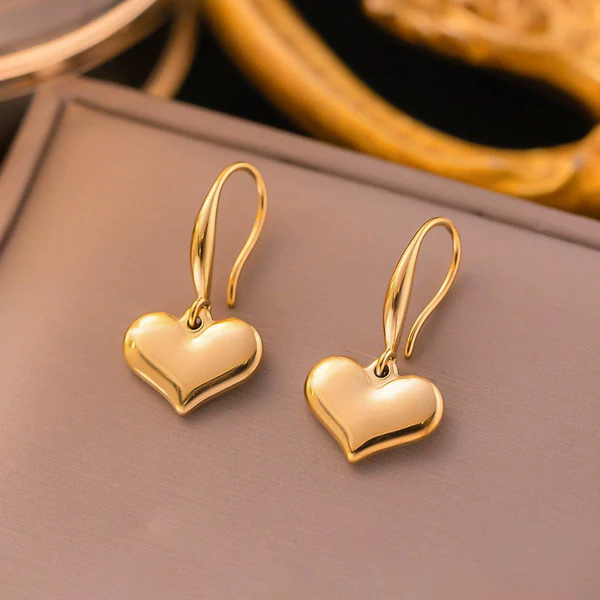 [AT3] Classic Gold Plated Puffed Heart Dangle Earrings