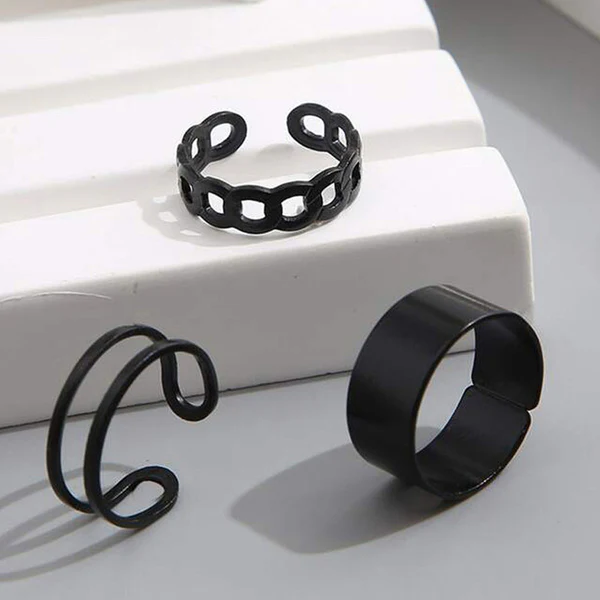 [AT9] 3-Piece Black Adjustable Statement Ring Set