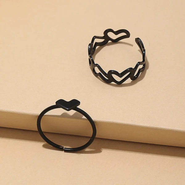 [AT10] 2-Piece Black Heart Ring Set - Adjustable Open Cuff Love Bands