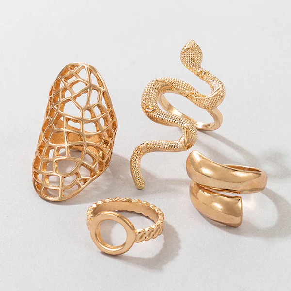 [AT12] 4-Piece Gold Statement Ring Set - Snake, Cage & Minimalist Adjustable Bands