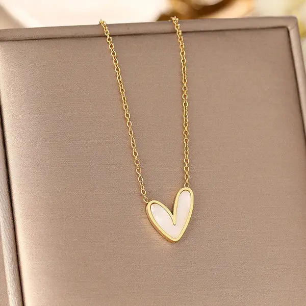 Dainty Gold Heart Pendant Necklace with White Enamel Inlay (Minimalist)