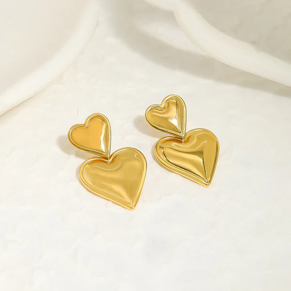 [AT19] Chunky Gold Double Heart Drop Earrings