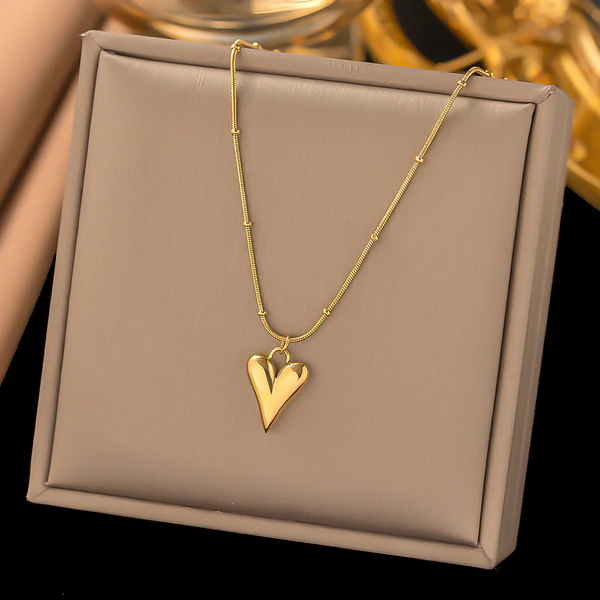 [AT20] Dainty Gold Puffed Heart Pendant Necklace on Beaded Chain