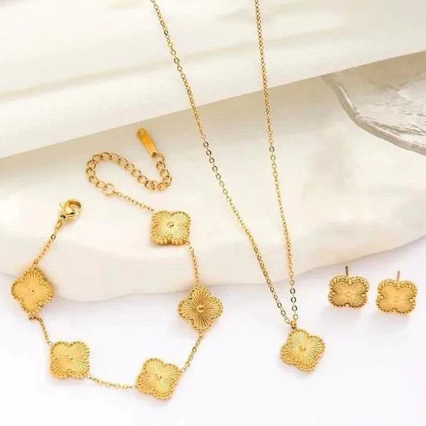 [AT22] 3-Piece Gold Floral Clover Jewelry Set - Necklace, Bracelet & Stud Earrings