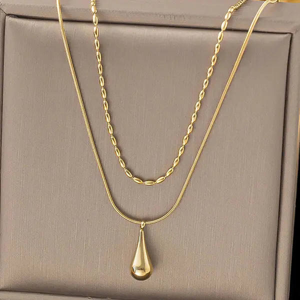 Minimalist Gold Teardrop Pendant Layered Necklace Set (Snake & Beaded Chain)