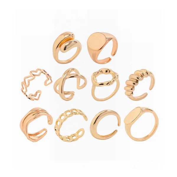 [AT27] 10-Piece Gold Adjustable Ring Set - Stackable Chunky & Dainty Designs