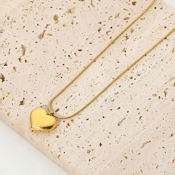 [AT28] Dainty Gold Puffed Heart Pendant Necklace - Minimalist Love Charm
