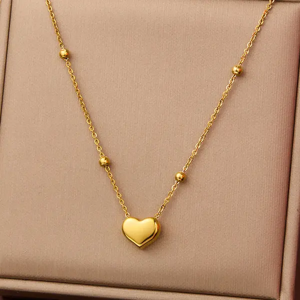 [AT30] Dainty Gold Puffed Heart Pendant Necklace on Beaded Satellite Chain