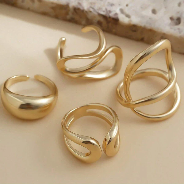 [AT31] 4-Piece Chunky Gold Abstract Wave Ring Set - Modern Statement Adjustable Bands