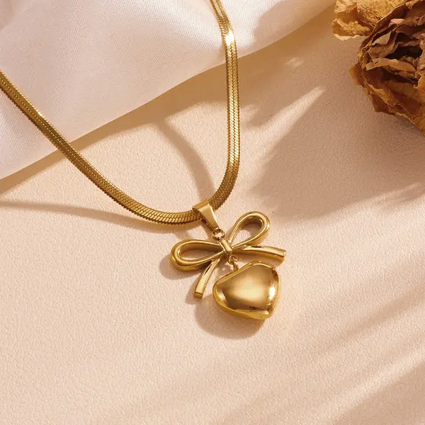 [AT32] Chic Gold Bow & Puffed Heart Pendant Necklace on Snake Chain