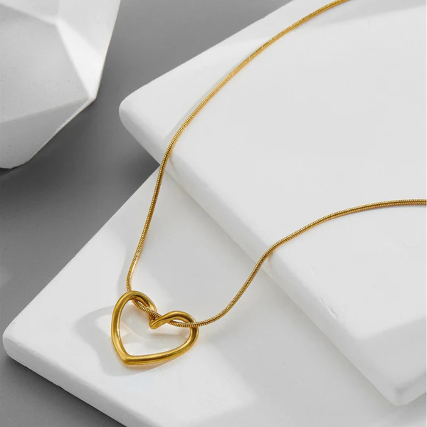 [AT34] Minimalist Gold Open Heart Pendant Necklace on Snake Chain