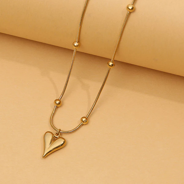 [AT35] Dainty Gold Puffed Heart Pendant on Beaded Snake Chain Necklace