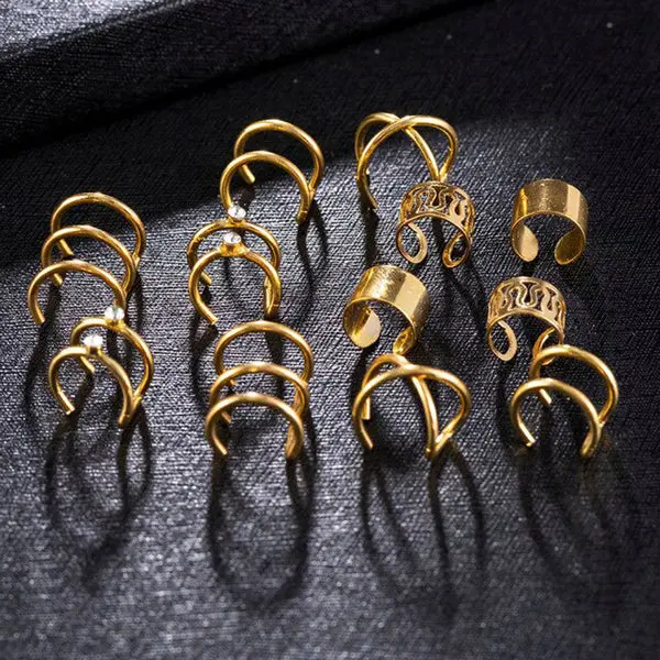[AT36] 10-Piece Gold Ear Cuff Set - Adjustable No Piercing Helix & Cartilage Rings