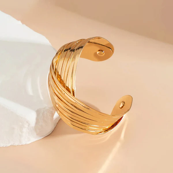 [AT37] High-Polish Gold Wide Open Bangle - Stacked Design Fashion Cuff