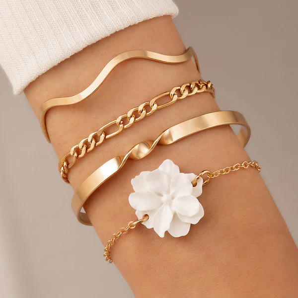 4-Layer Gold Bracelet Set for Women Chain, Twist & Flower Charm