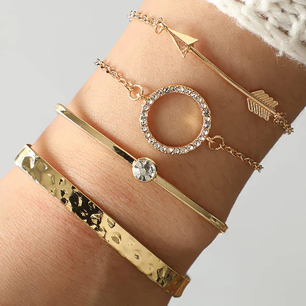 [AT41] Trendy 4-Piece Gold Bracelet Stack Arrow Charm, Crystal Circle & Minimal Bangles