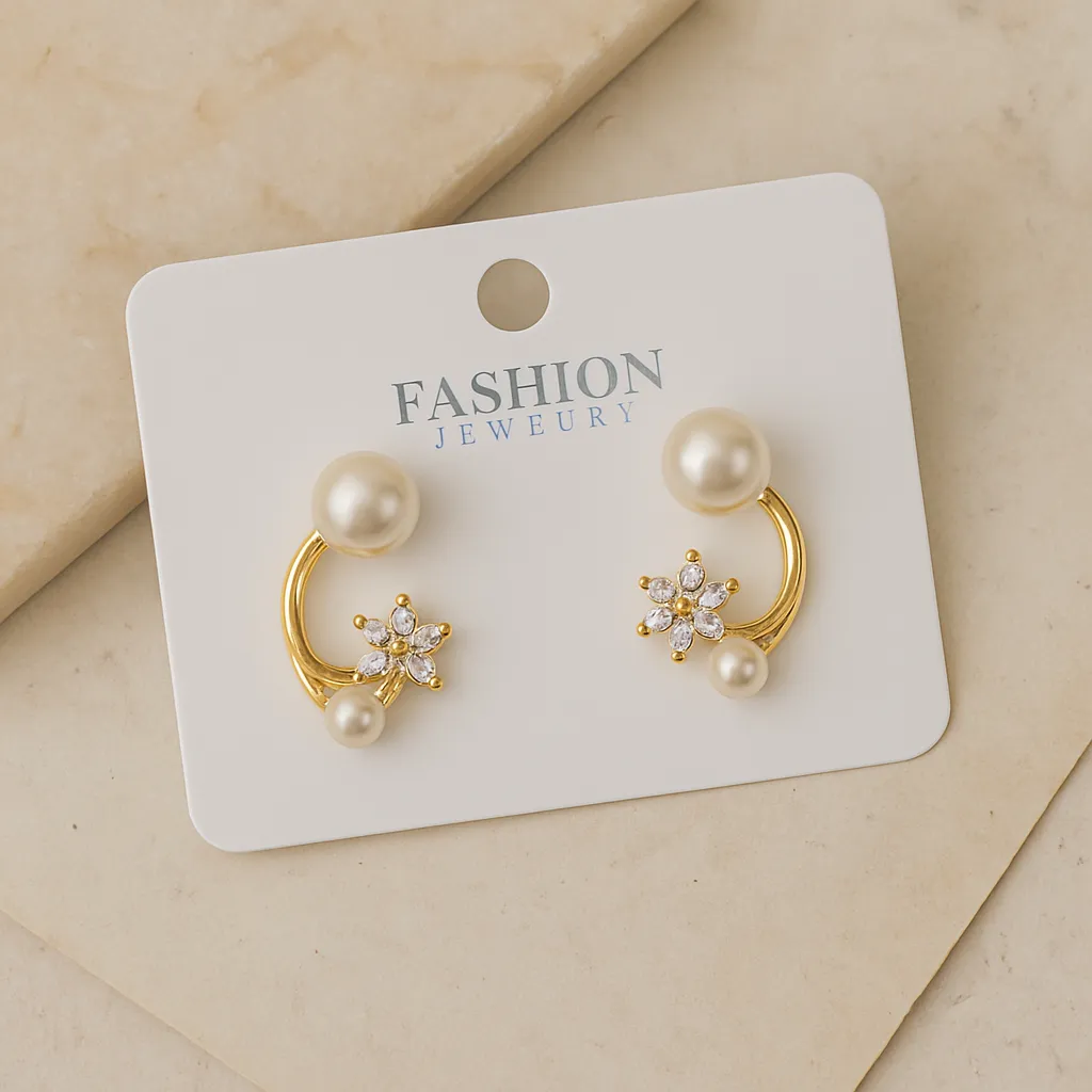 [KE48] Pearl Crystal Floral Gold Earrings for Women , Korean Style Daily Wear
