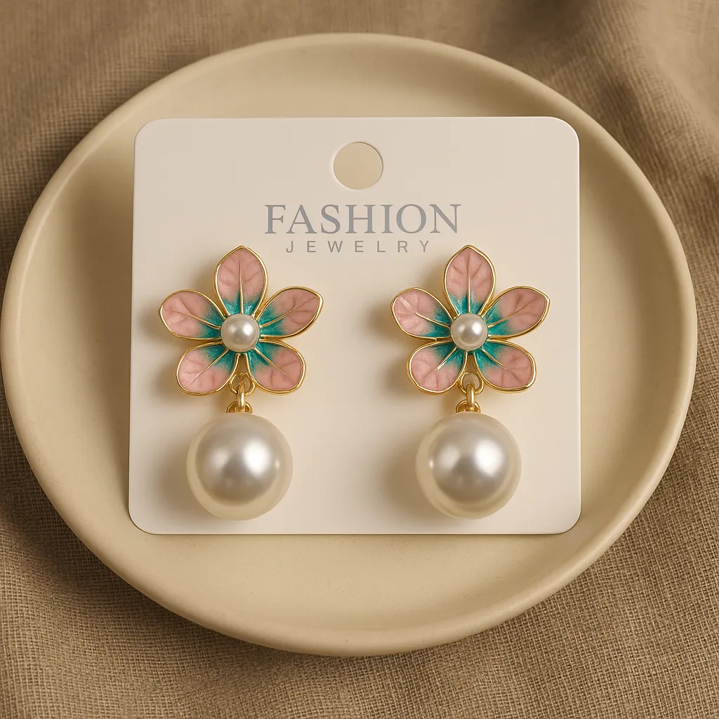 [KE50] Pink Floral Pearl Drop Earrings for Women | Enamel Flower Gold Plated Design