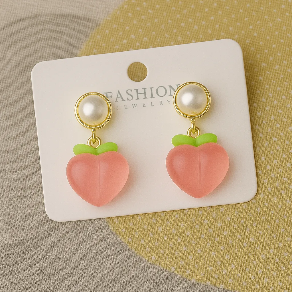 [KE53] Pearl & Peach Charm Earrings | Trendy Korean Fashion Fruit Earrings