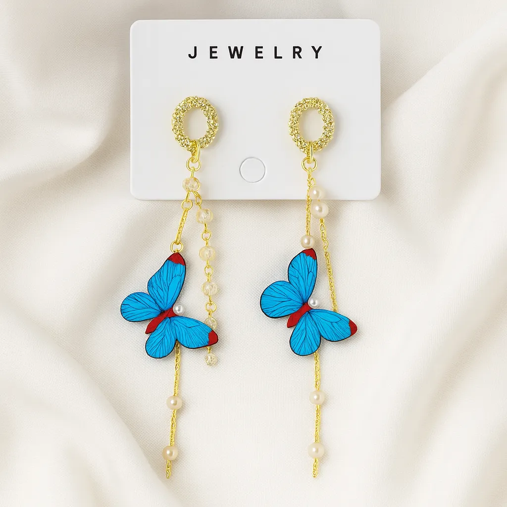 [KE55] Blue Butterfly Dangler Earrings for Women | Gold Chain & Pearl Drops