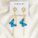 Blue Butterfly Dangler Earrings for Women | Gold Chain & Pearl Drops