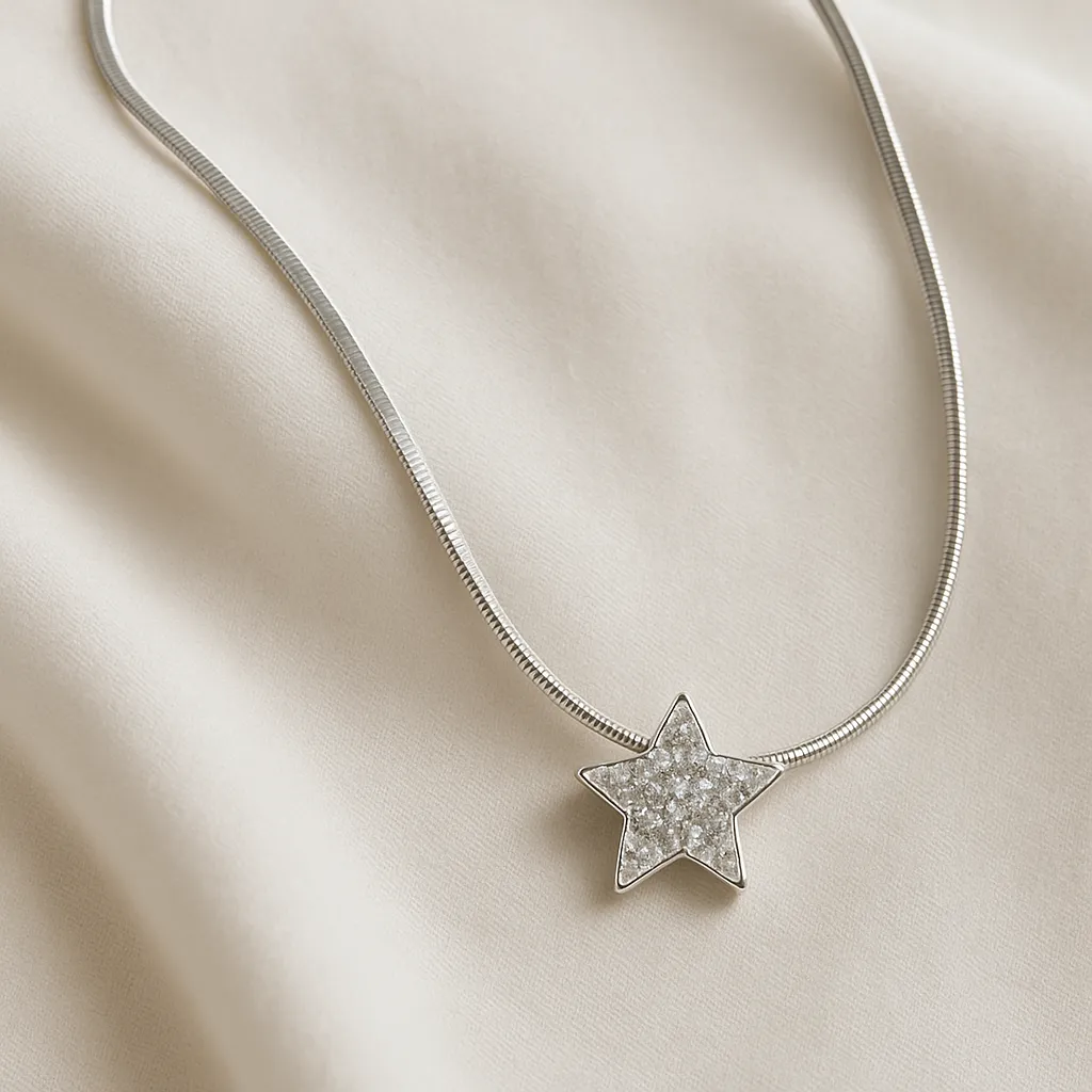 [KE56] Silver Star Pendant Necklace for Women | Crystal Star Charm Chain